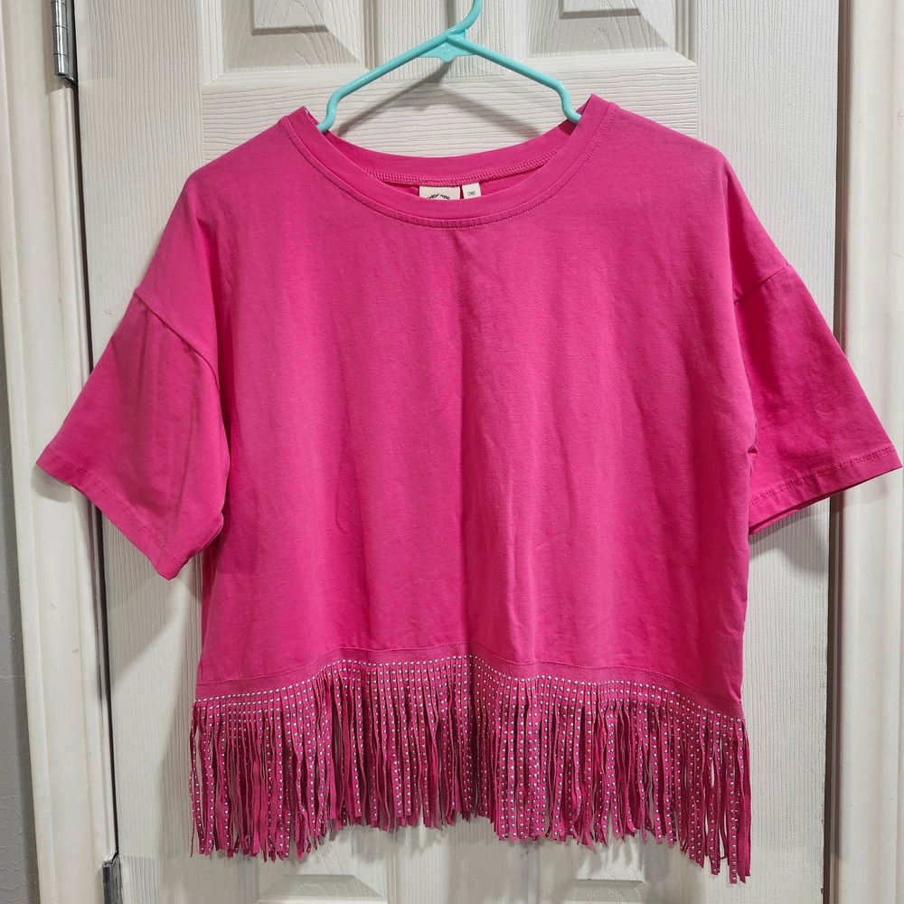Grace & Emma Pink Studded Fringe T-Shirt Women One Size Cotton Western Boho
